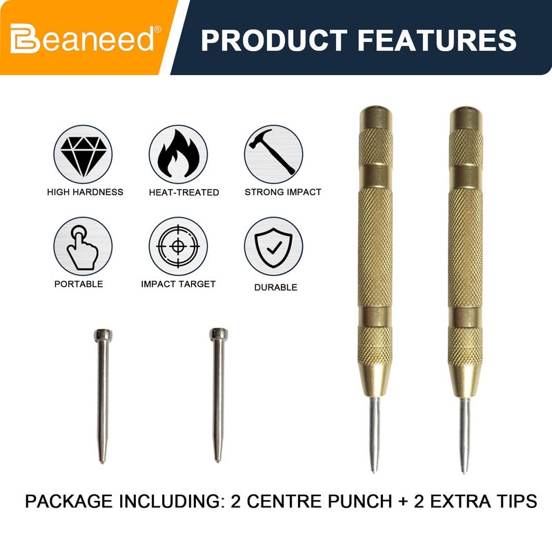 Beaneed 2Pcs Automatic Center Punch, 5" Spring Loaded with 2 Extra Tips | Heavy Duty Steel | Punch Tool for Metal Drilling & Emergency Glass Break - Image 4
